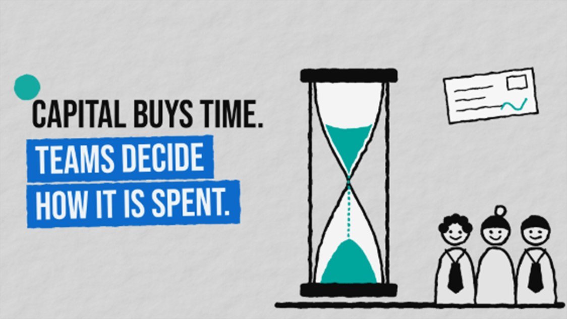 Illustration of an hourglass beside three team members, with the words: Capital buys time. Teams decide how it is spent.